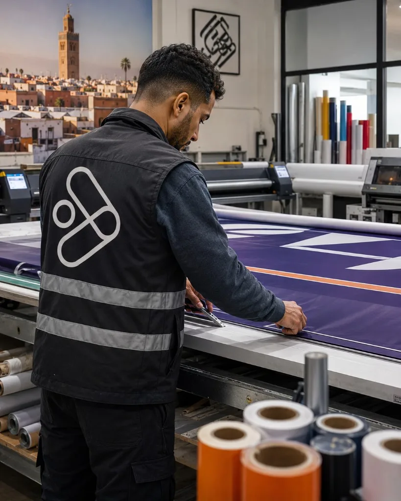 Fabrication d'une bâche publicitaire en atelier